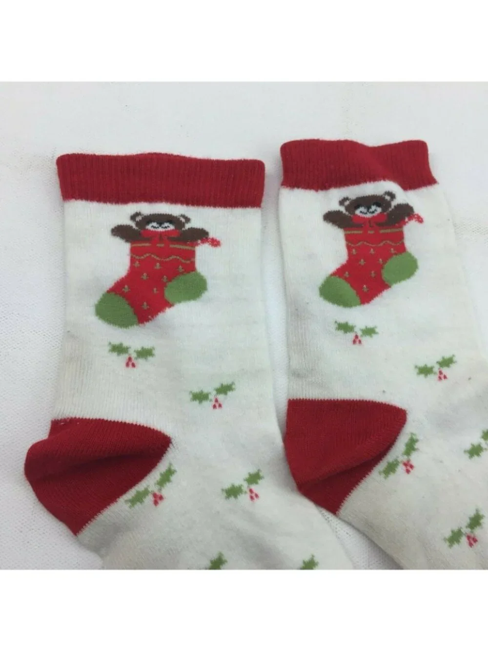 Vintage Christmas Bear Stocking Crew Socks Red Green Holly Berry